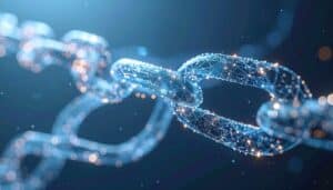 Abstracte blauwe netwerkdraden bestaande uit gloeiende knooppunten en verbindingsstukken, die doen denken aan datanetwerken of DNA-achtige structuren.