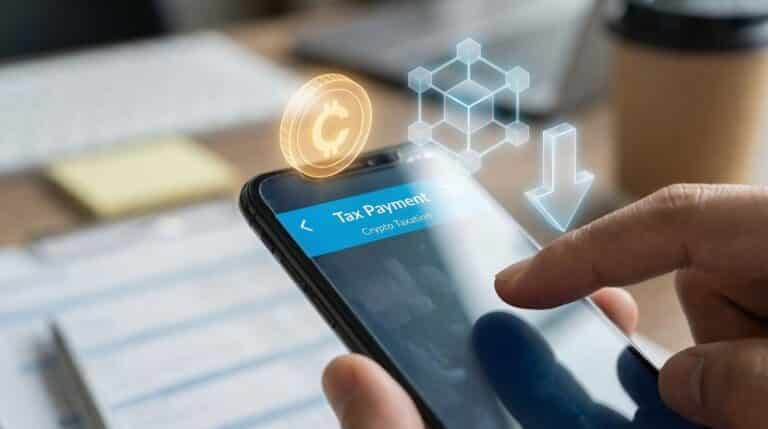 Smartphonescherm met een 'Belastingbetaling'-app voor cryptobelasting, met een oplichtende munt en holografische blockchain-afbeeldingen boven het scherm.