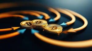 Capital cost concept Digital representation of cryptocurrency coins with flowing arrows and dynamic movement - Krypto Investigation - Krypto Investigation Bitcoin coins stacked on a dark surface with orange circular arrows and blue accents, suggesting crypto market dynamics.
