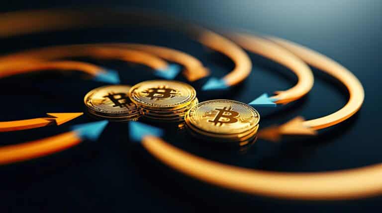 Bitcoin coins stacked on a dark surface with orange circular arrows and blue accents, suggesting crypto market dynamics.