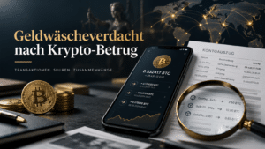 Geldwäscheverdacht nach Krypto-Betrug - Krypto Investigation - Krypto Investigation Beitragsbild zu Geldwäscheverdacht nach Krypto-Betrug mit Smartphone, Bitcoin, Kontoauszug und Lupe